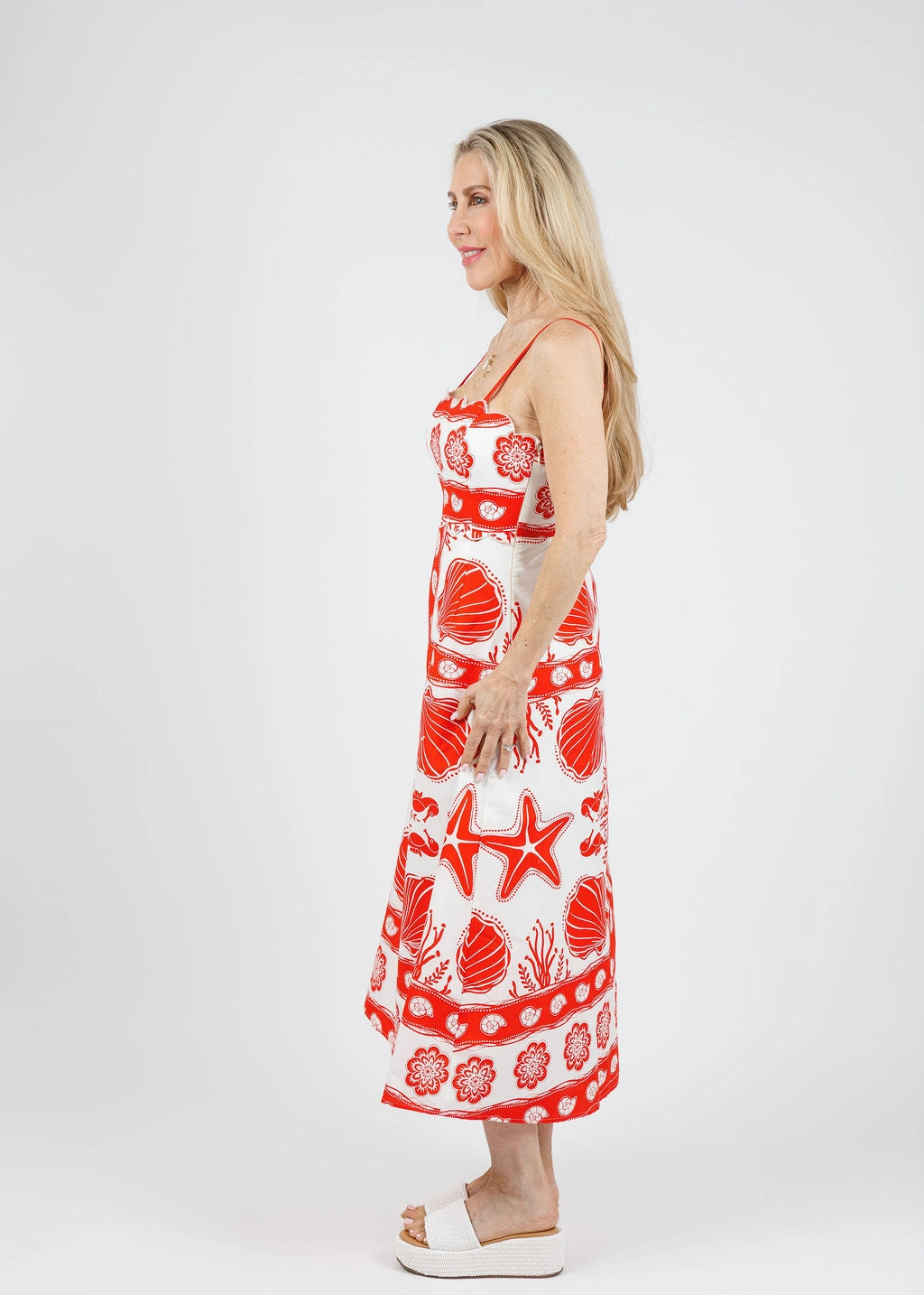 Invisible-Zip Aria Spaghetti Strap Midi Dress - Red/Multi