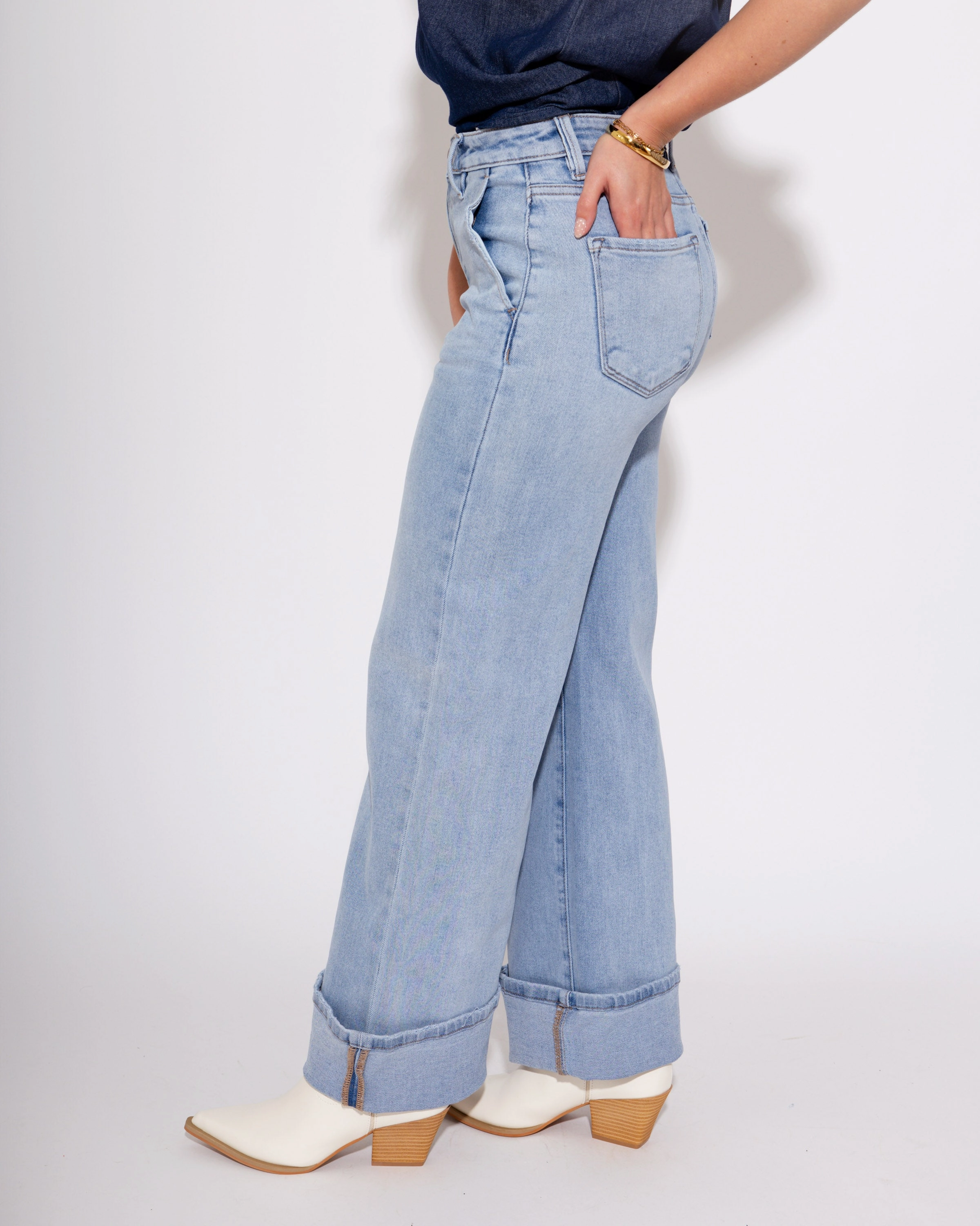 High Rise Ankle Wide Cuffed Jeans in Light Work Meeting Trendy Modern Minimalist