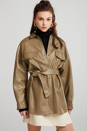 AdjustableCuffs Minimalist Design Louise Oversized Pleather Shirt w/Belt