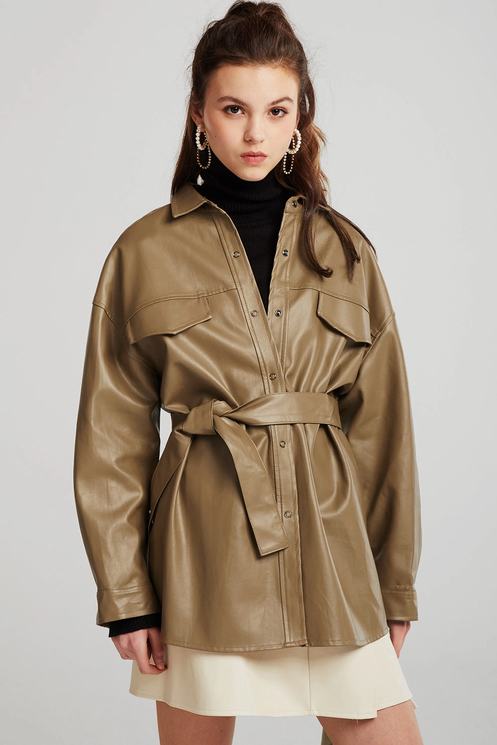 AdjustableCuffs Minimalist Design Louise Oversized Pleather Shirt w/Belt