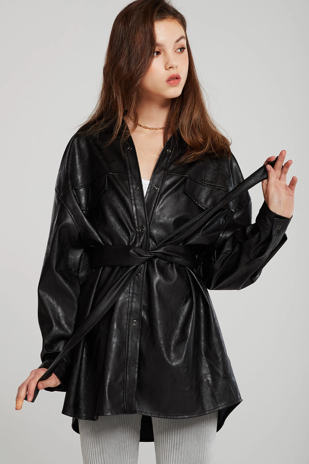 Louise Oversized Pleather Shirt w/Belt Garment Washed Softness