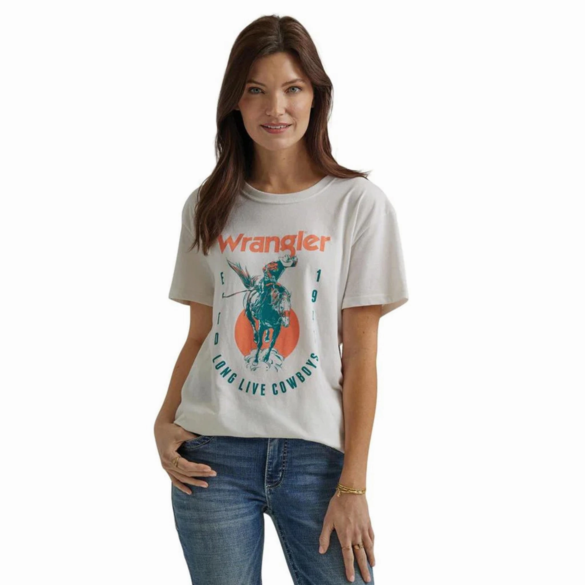 Wrangler Women's White Long Live Cowboys Bronc Tee Durable Blend Soft Knit