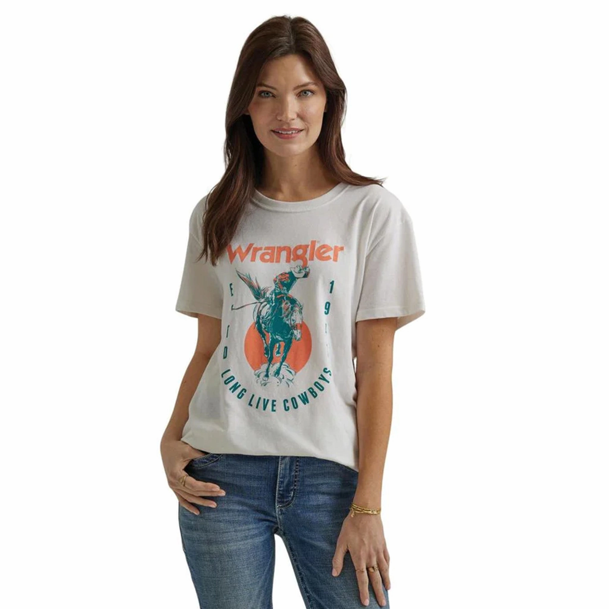 Compression Fit Engineering Wrangler Women's White Long Live Cowboys Bronc Tee