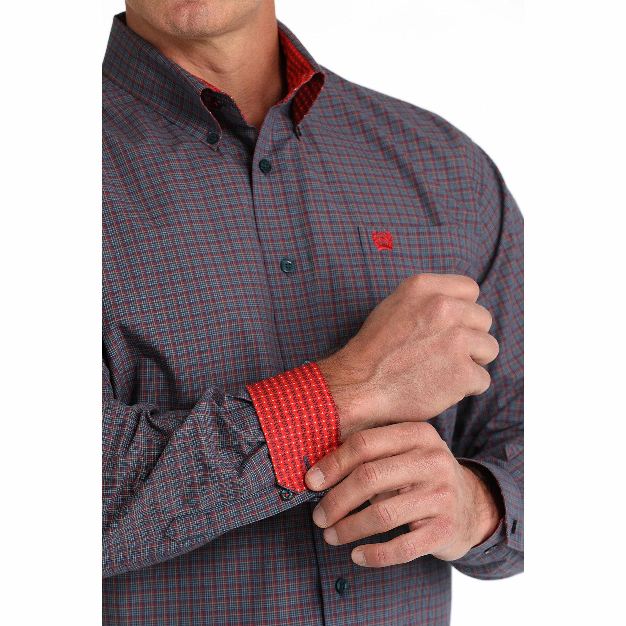 Thermoregulating Fabric Layered Look Cinch Men's Navy & Red Plaid Long Sleeve Shirt