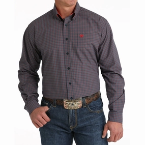 Cinch Men's Navy & Red Plaid Long Sleeve Shirt Winter Layering Snag Free Surface