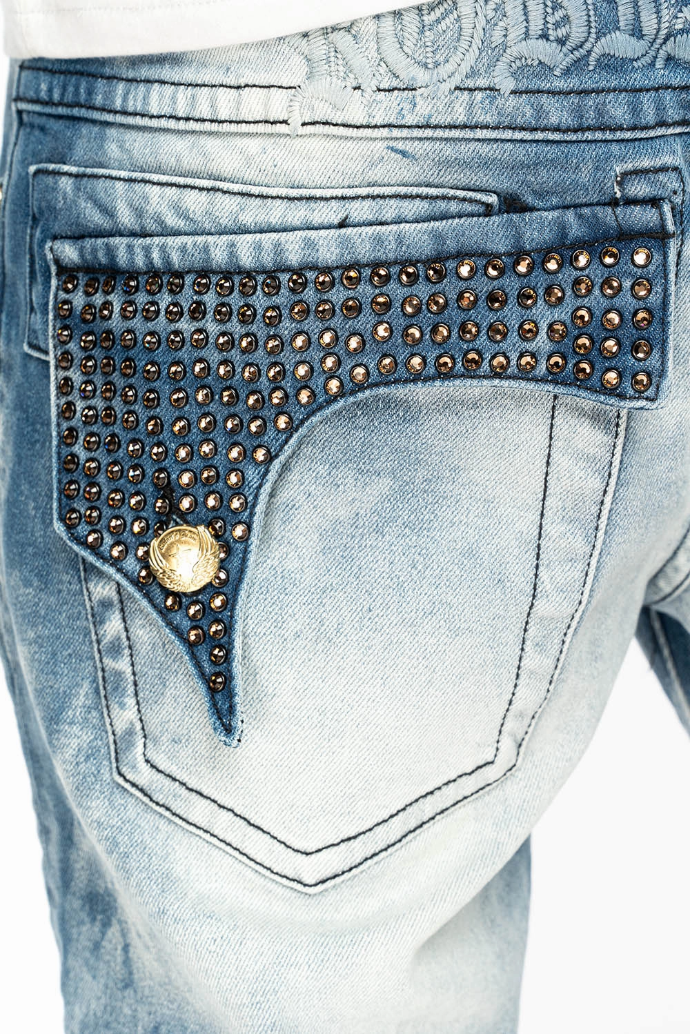 KILLER FLAP MENS STRAIGHT LEG JEAN IN CHEROKEE BLUE WASH EMBELLISHED WITH CRYSTAL Everyday Classic Wear Comfy