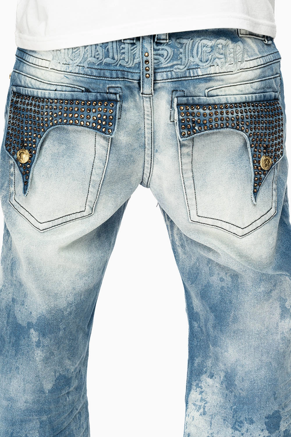 KILLER FLAP MENS STRAIGHT LEG JEAN IN CHEROKEE BLUE WASH EMBELLISHED WITH CRYSTAL Straight Cut Ready For All