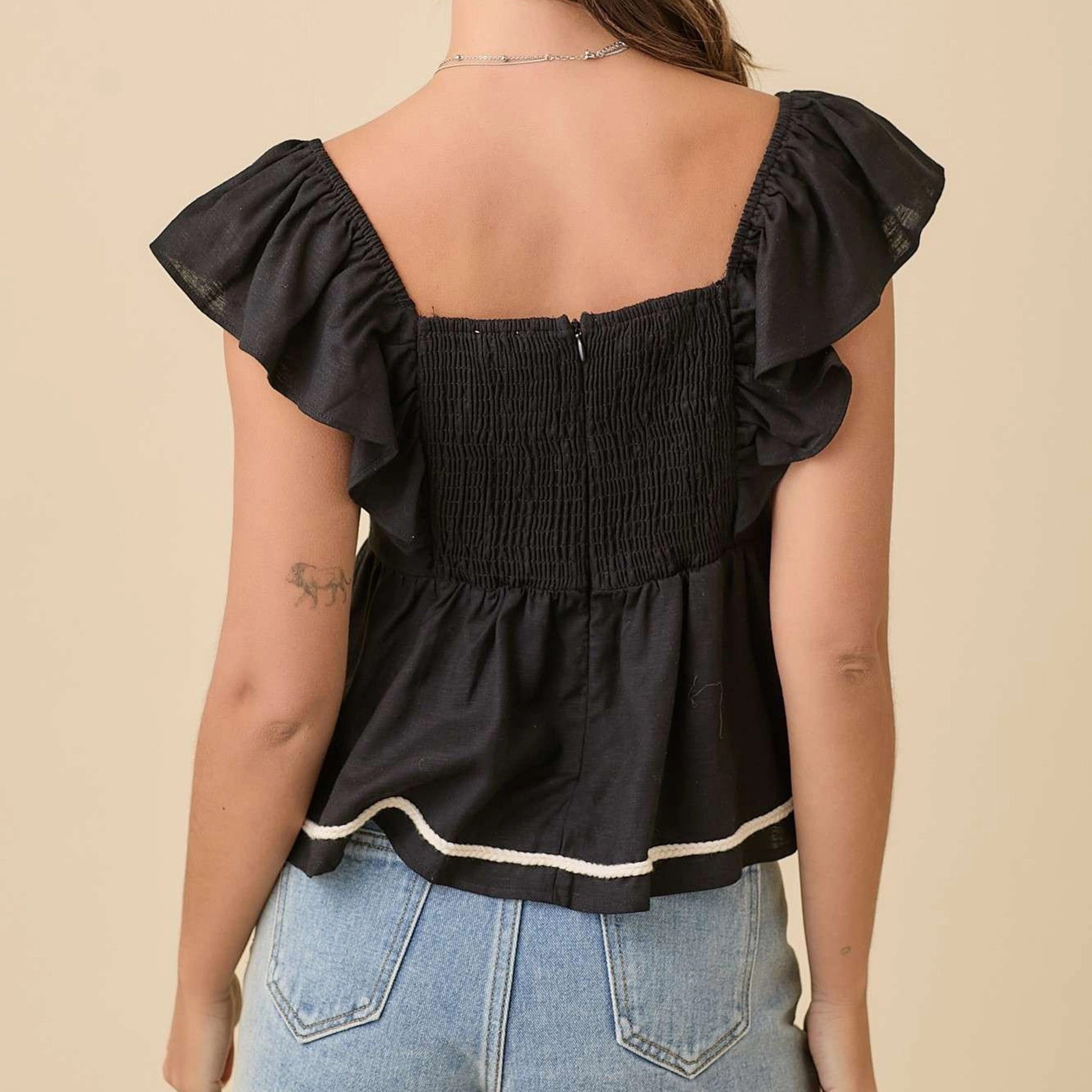 Relaxed Silhouette EcoFriendlyTexture Women's Black Peplum With White Rope Embroidery Shirt