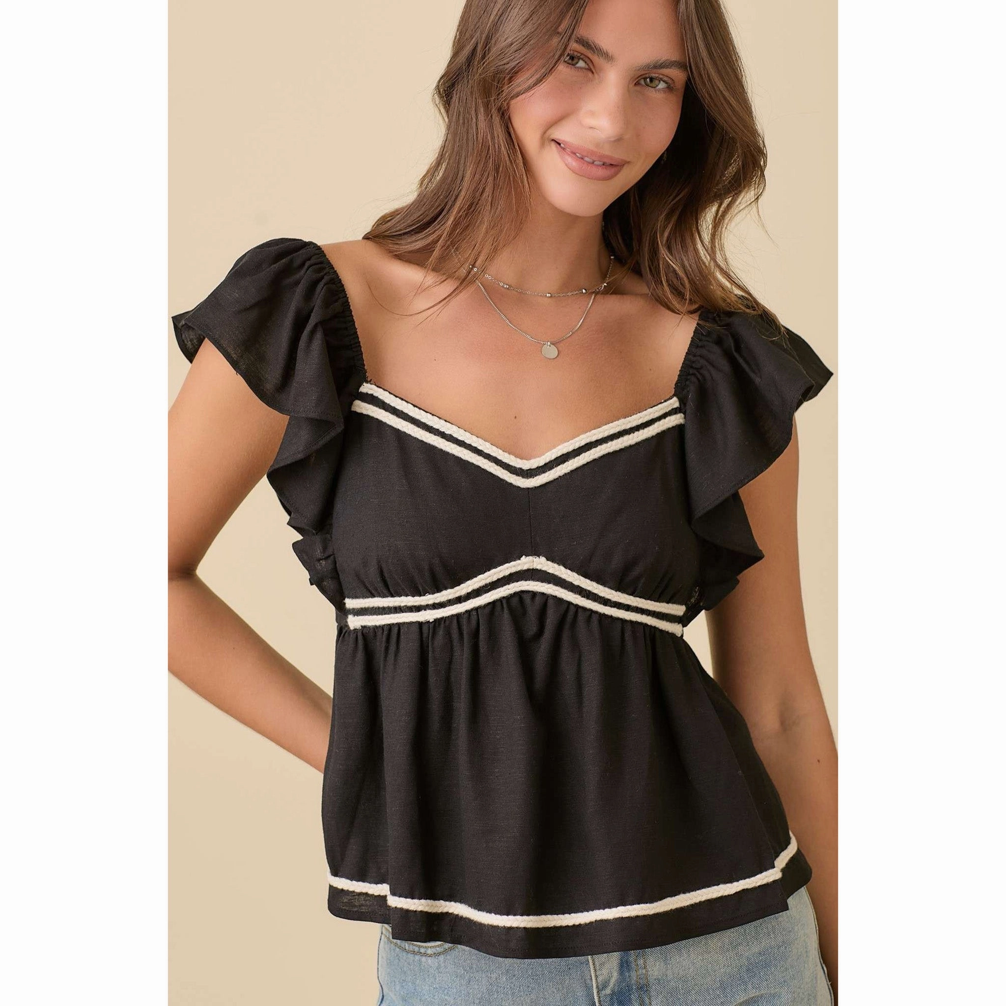 Anti Microbial Lining OrganicCottonBlend Women's Black Peplum With White Rope Embroidery Shirt