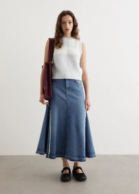 Cozy Vibes Contrast Panel Heavy Denim Midi Skirt