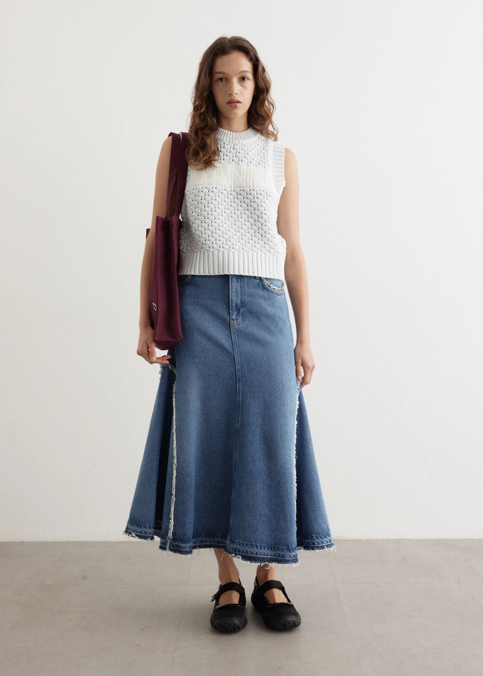 Cozy Vibes Contrast Panel Heavy Denim Midi Skirt