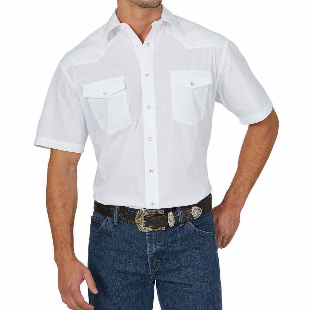 Inner Layer No Slip Shoulder Grips Wrangler Men's White Short Sleeve Pearl Snap