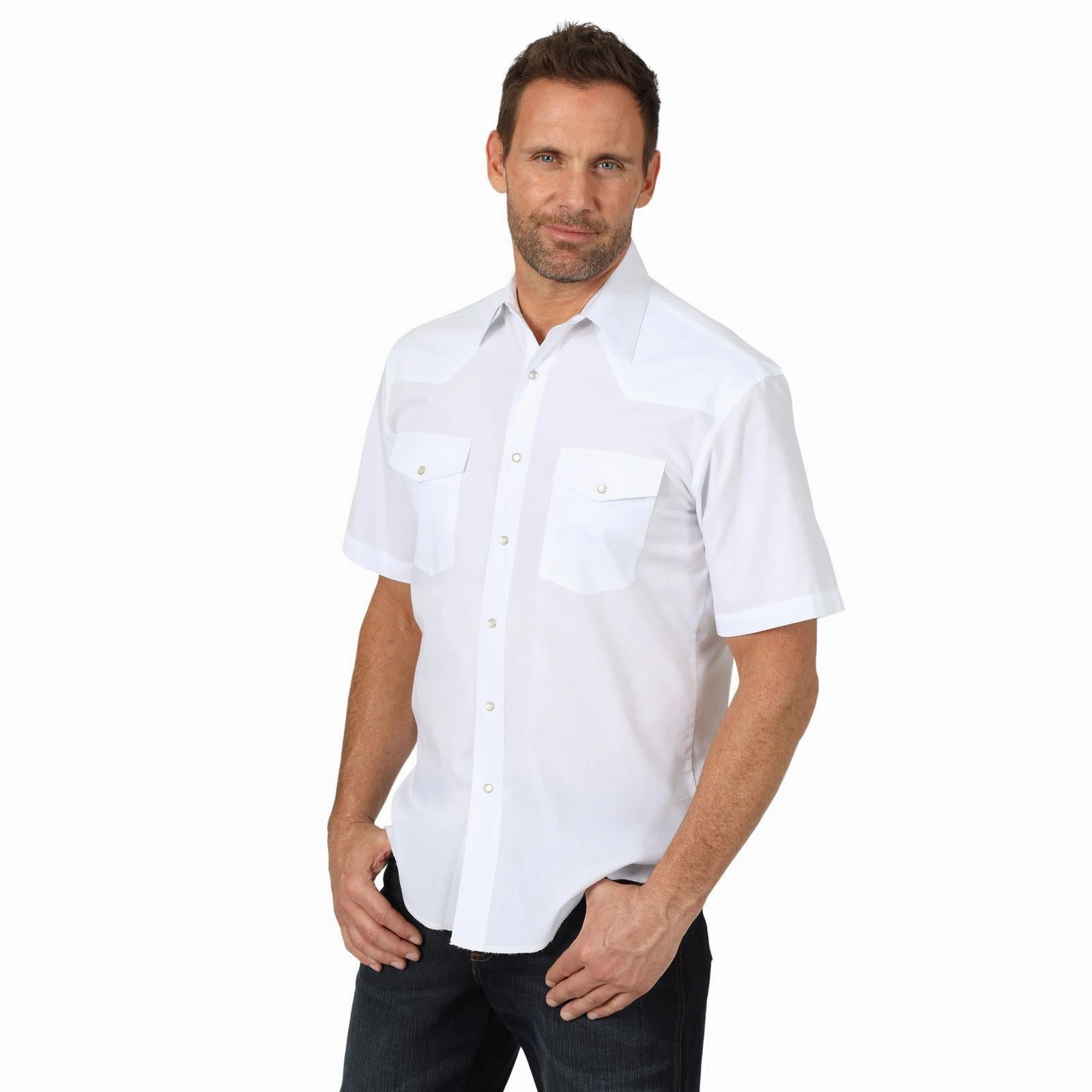 Sustainable Manufacturing Process Contemporary Design Wrangler Men's White Short Sleeve Pearl Snap