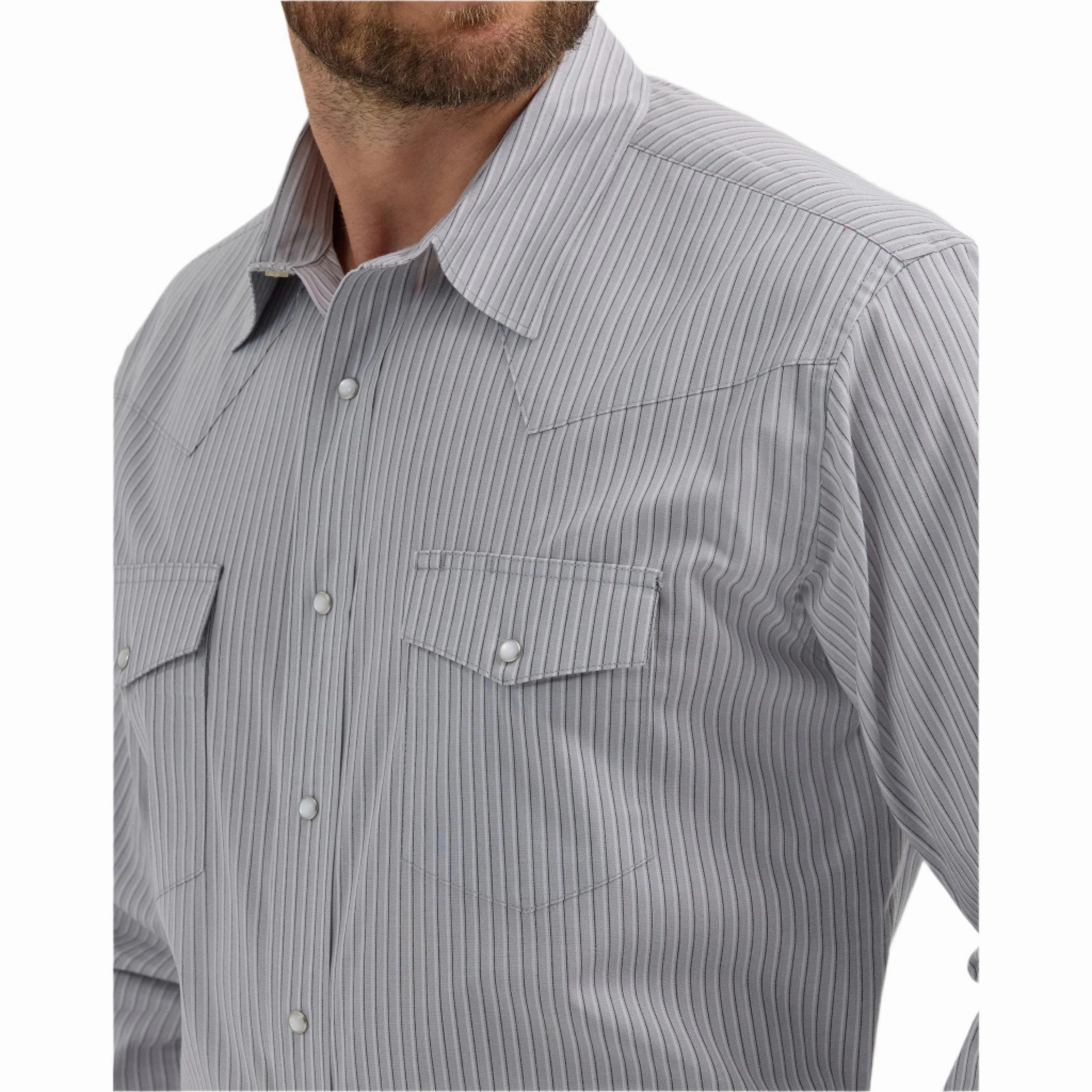 Breathable Lining fade resistant color Wrangler Men's Grey Stripe Button Down