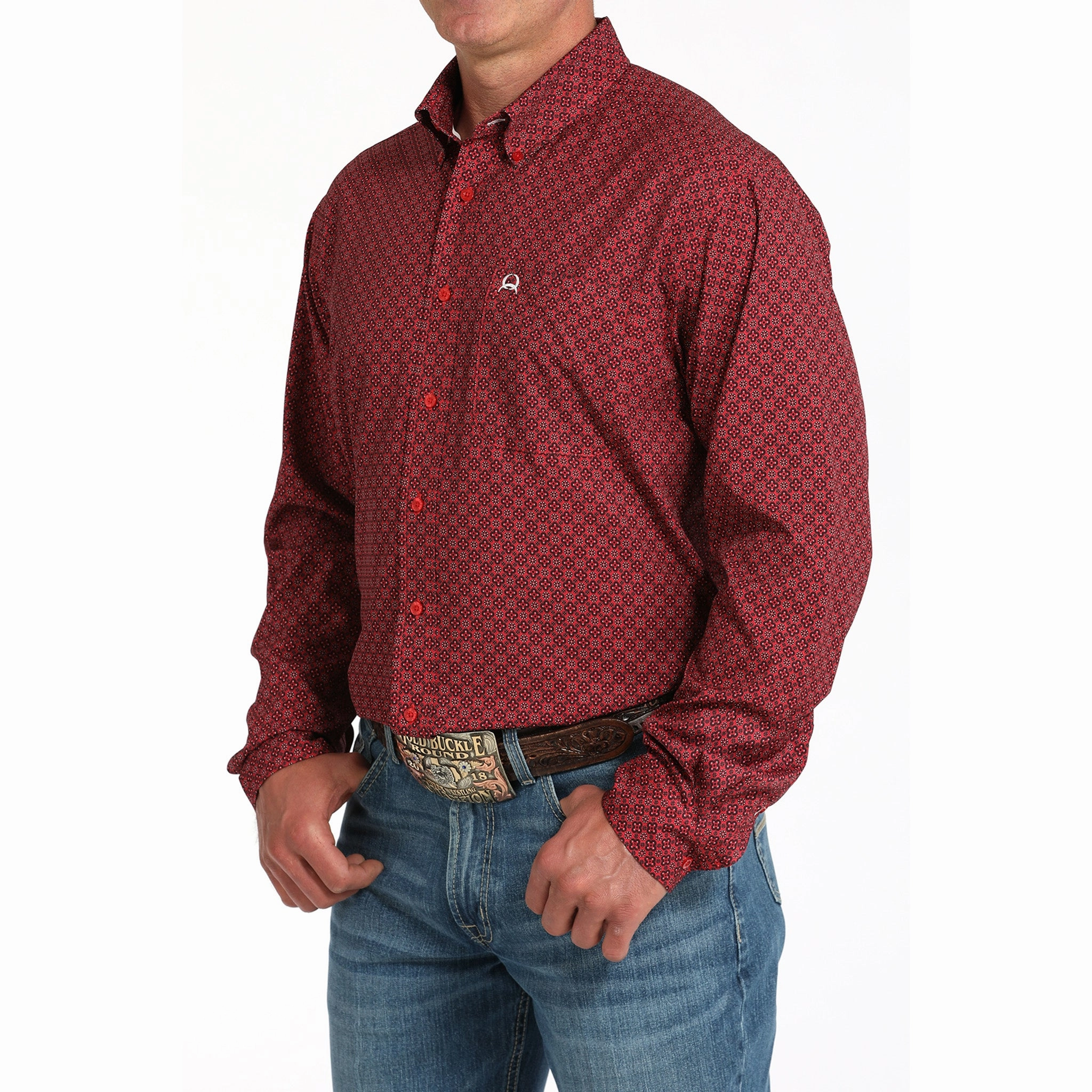 Mature Elegance Cinch Men's Red Geo Print Long Sleeve Shirt