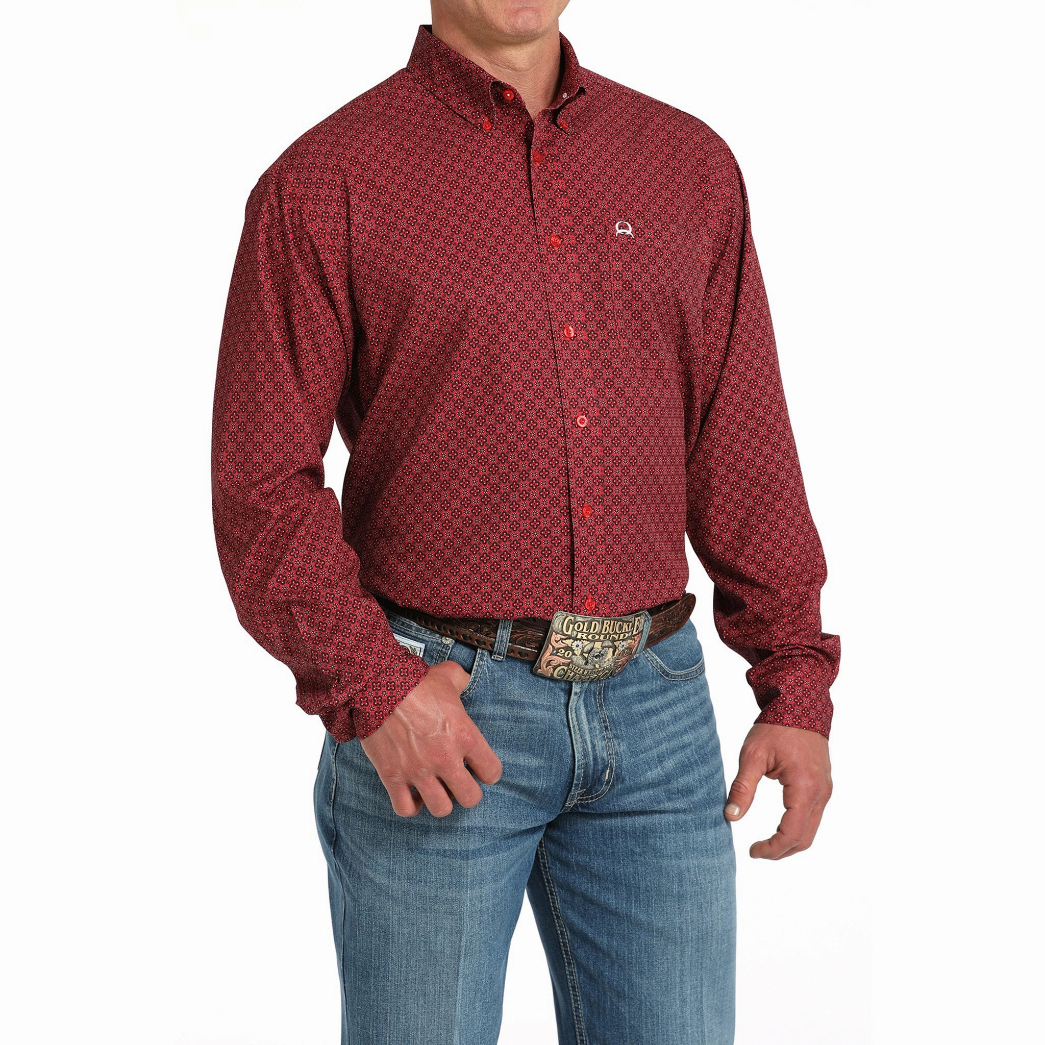 Cinch Men's Red Geo Print Long Sleeve Shirt Fashion Forward Design Current Style