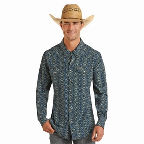 Panhandle Slim Men's Blue & Black Aztec Tek Shirt Multi Pocket Utility