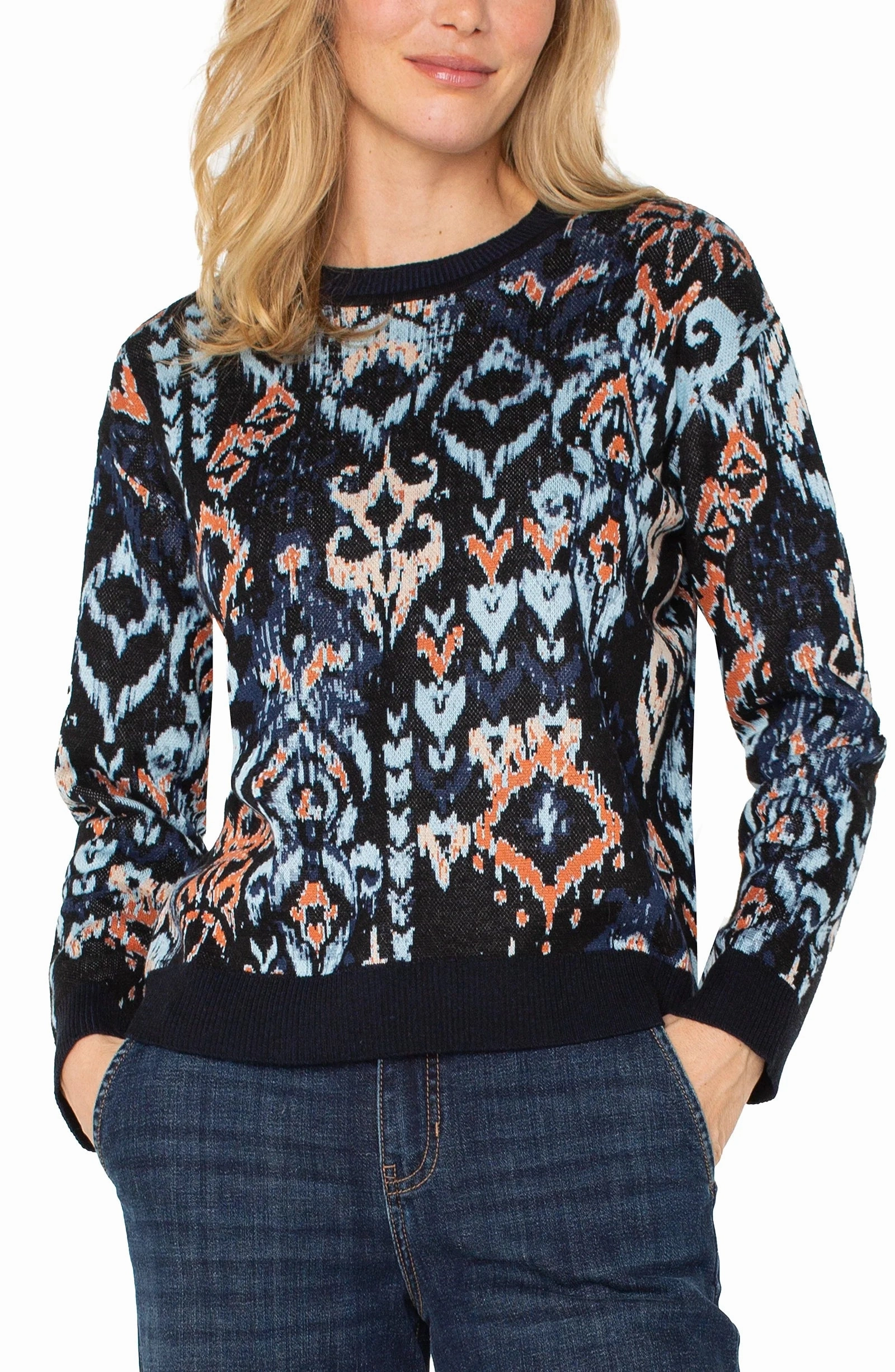 Liverpool Ikat Print Jacquard Sweater Softened Edges TexturedSurface