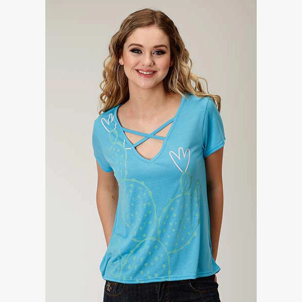 Roper Women's Blue Cactus Front Tee Flatlock Seam