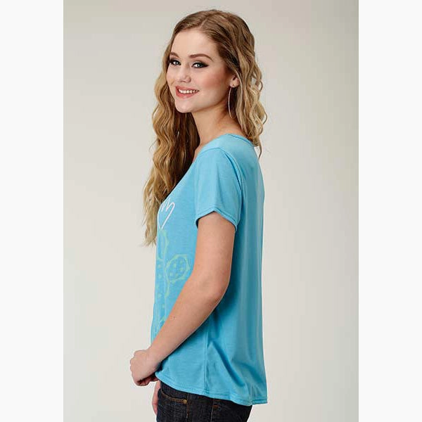 Garment Washed Finish Smooth Stitching Roper Women's Blue Cactus Front Tee