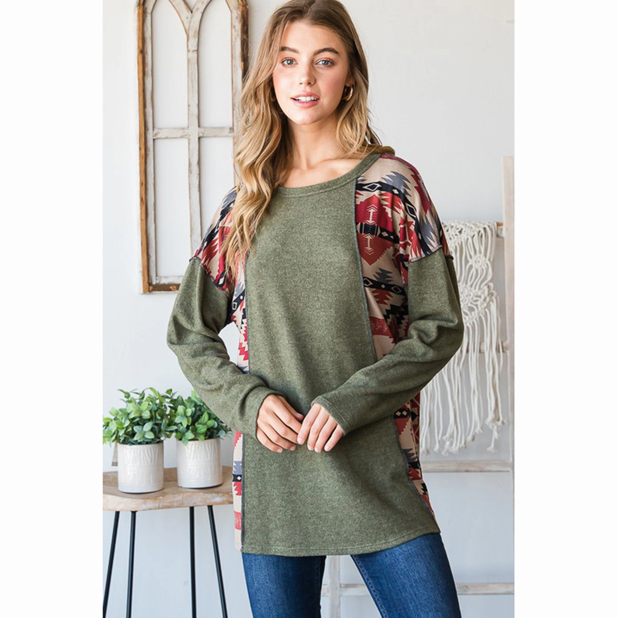 FrictionReducing Vintage Hoodie Solid And Aztec Top With Stitch Detail