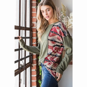 Solid And Aztec Top With Stitch Detail VentedBack