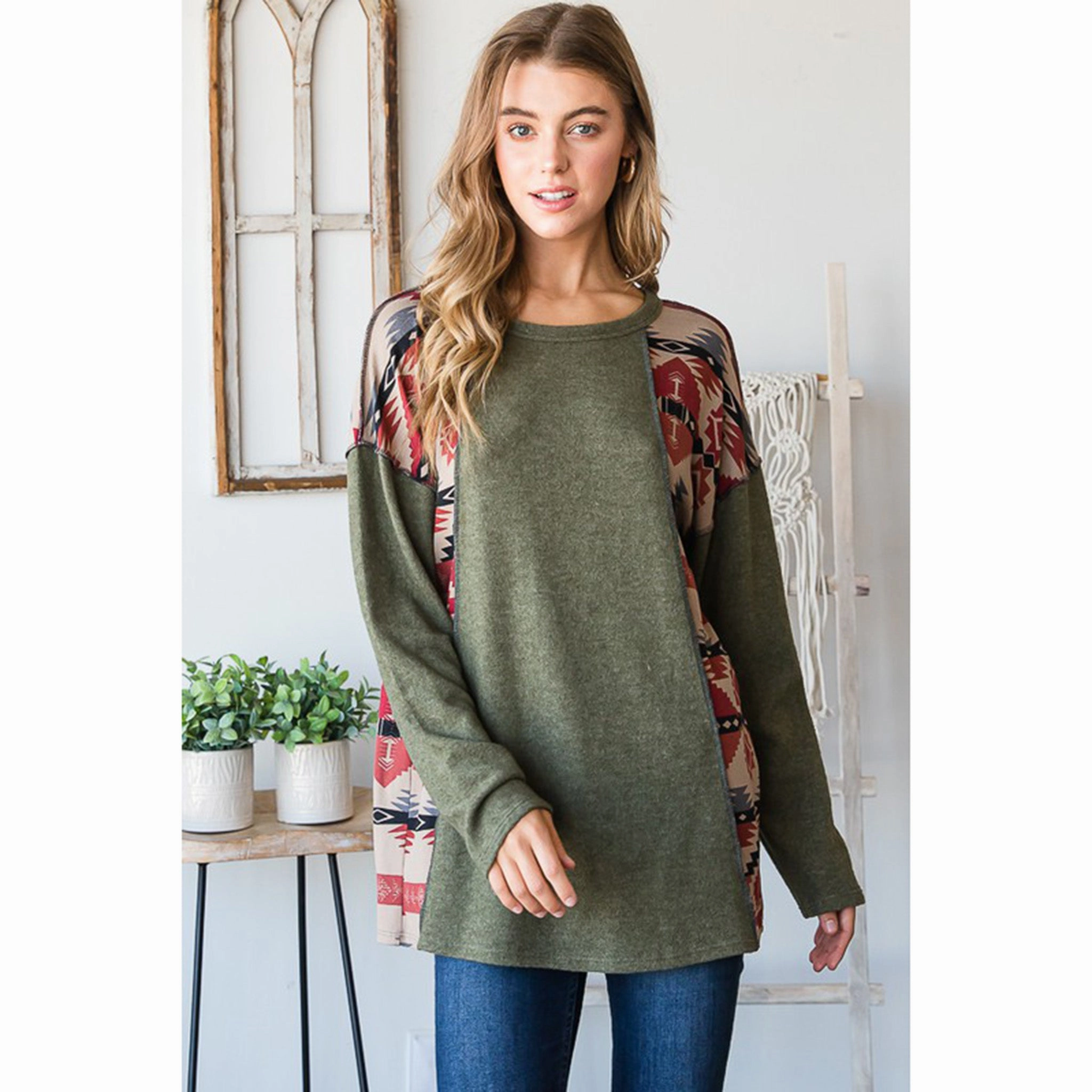 Flexible Waistband Adaptation Solid And Aztec Top With Stitch Detail