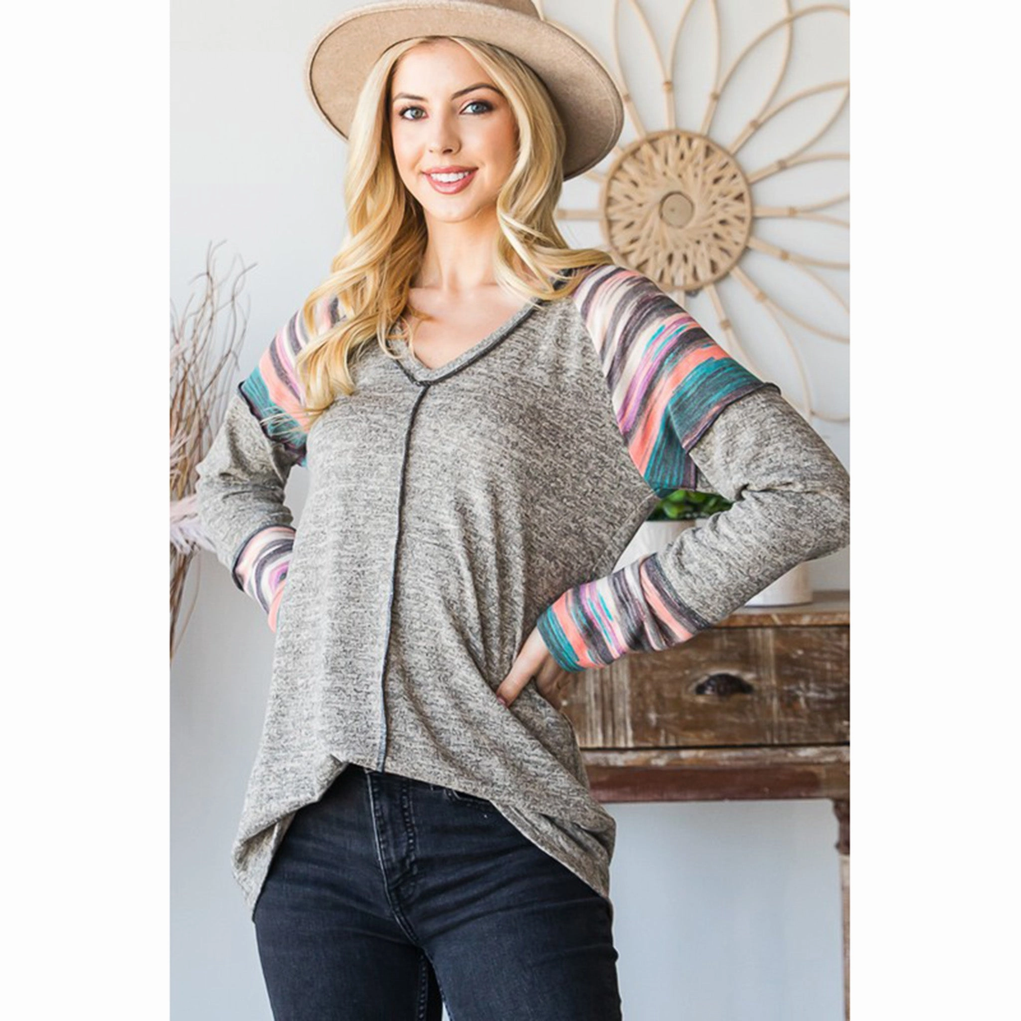 Warm Layer Softened Edges Solid And Stripe Top With Stitch Detail
