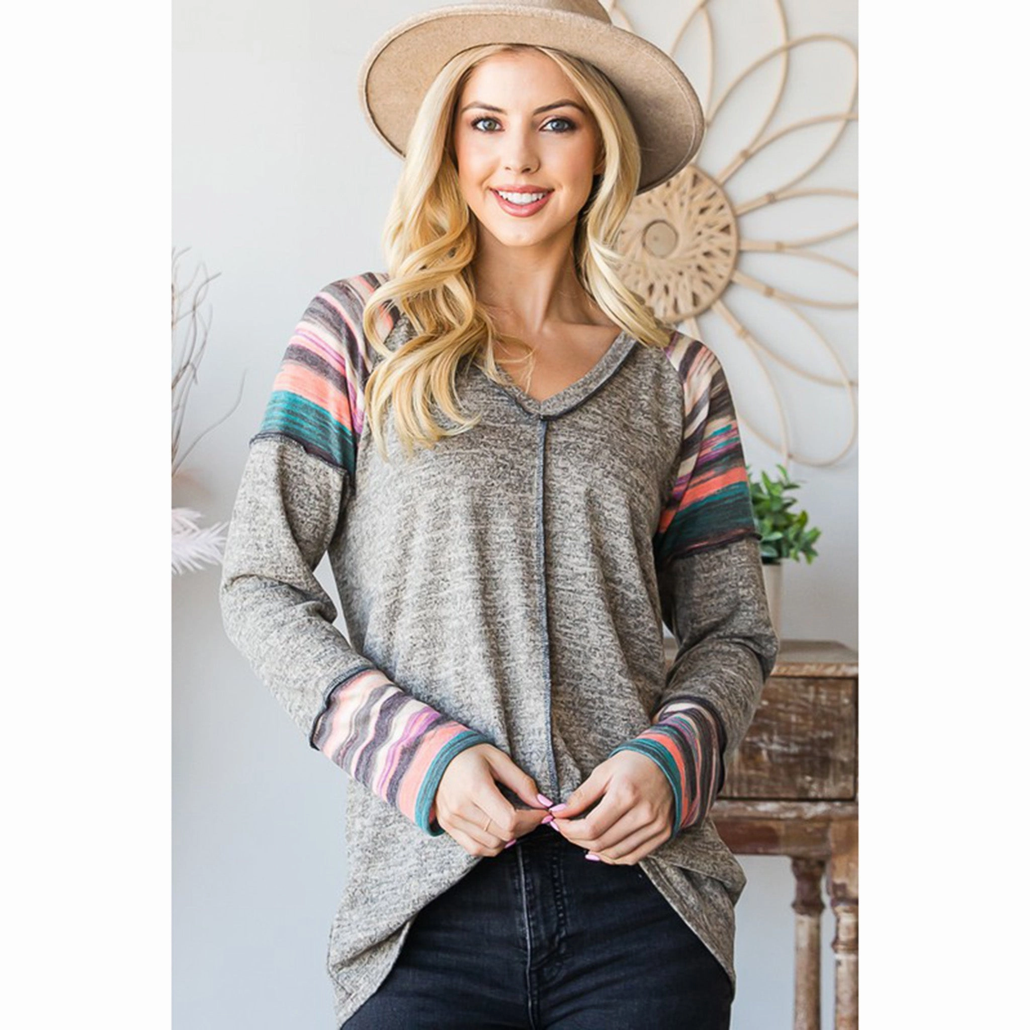 Solid And Stripe Top With Stitch Detail ClassicCrewNeck