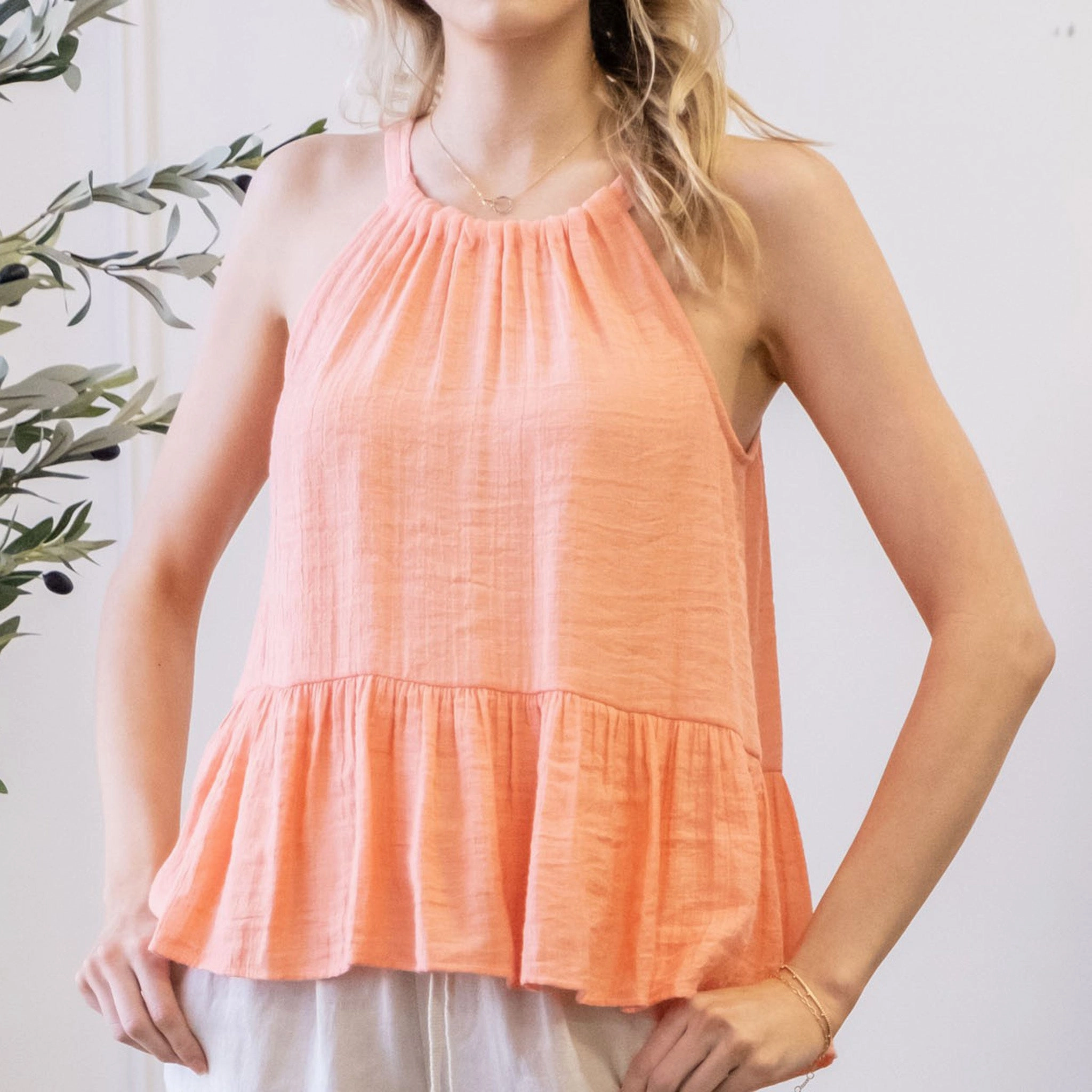 Solid Pleated Tie Tank RibbedTexture Layered Collar