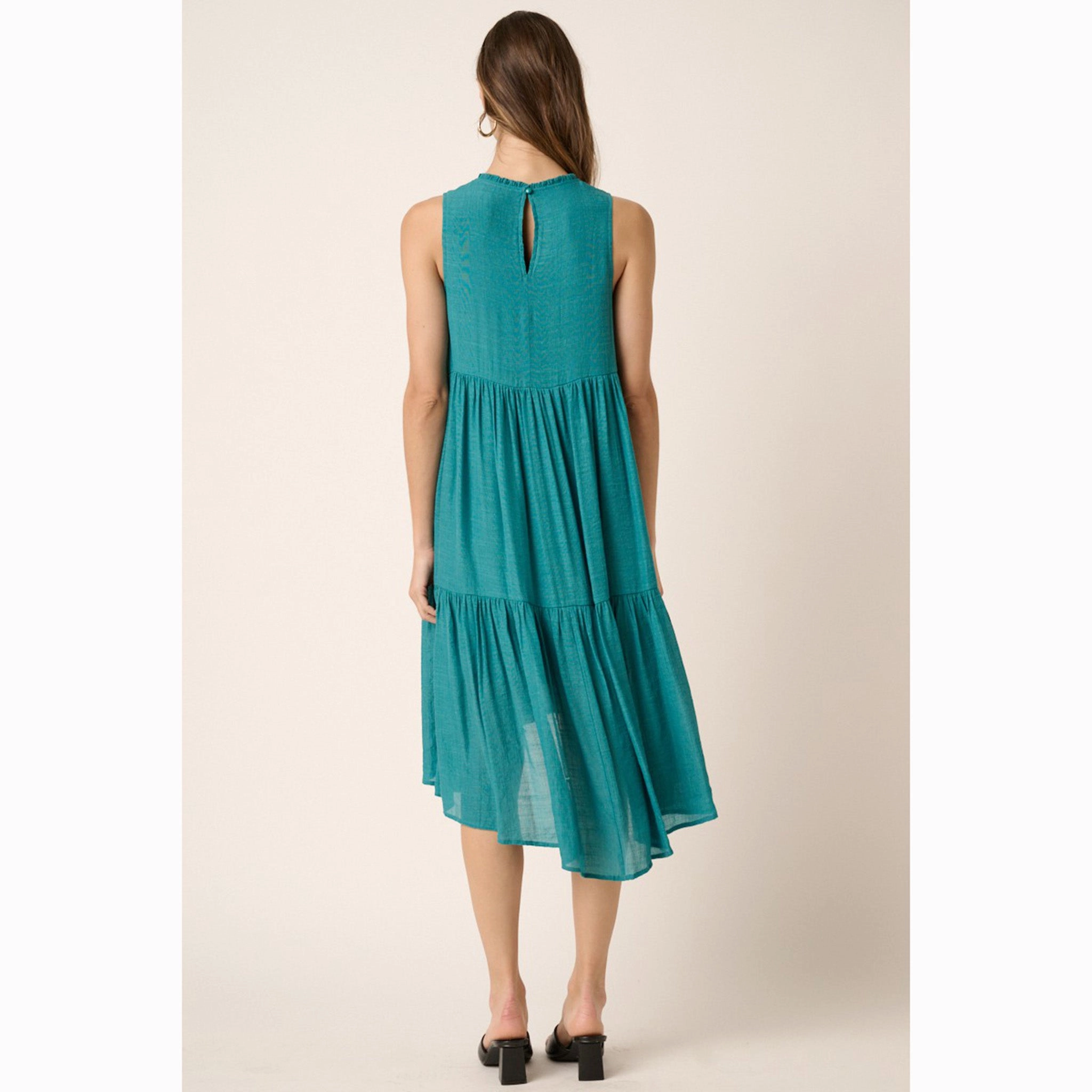 Solid Teal Ruffle Dress Unlined Look Natural Tones