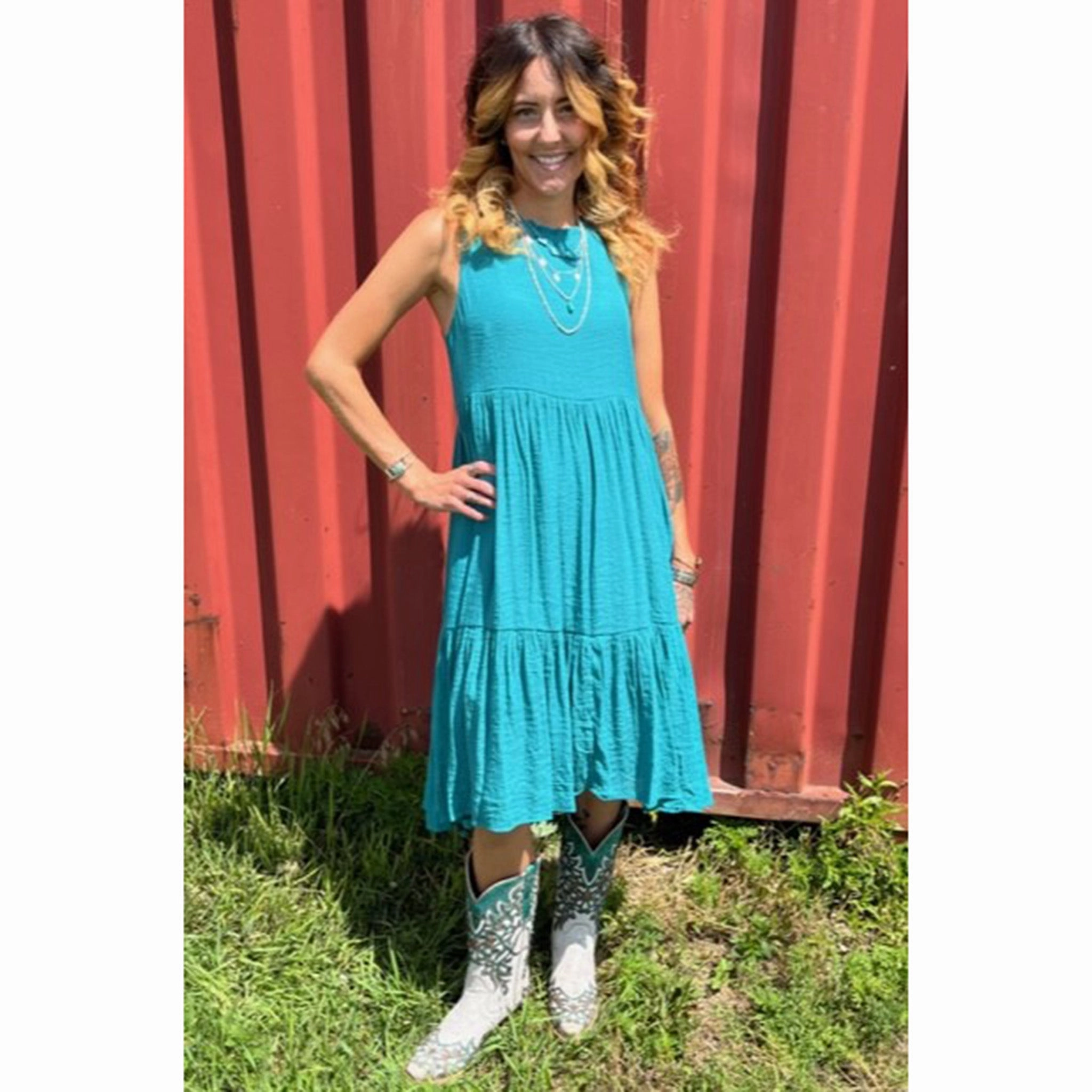 Loose Flow Solid Teal Ruffle Dress