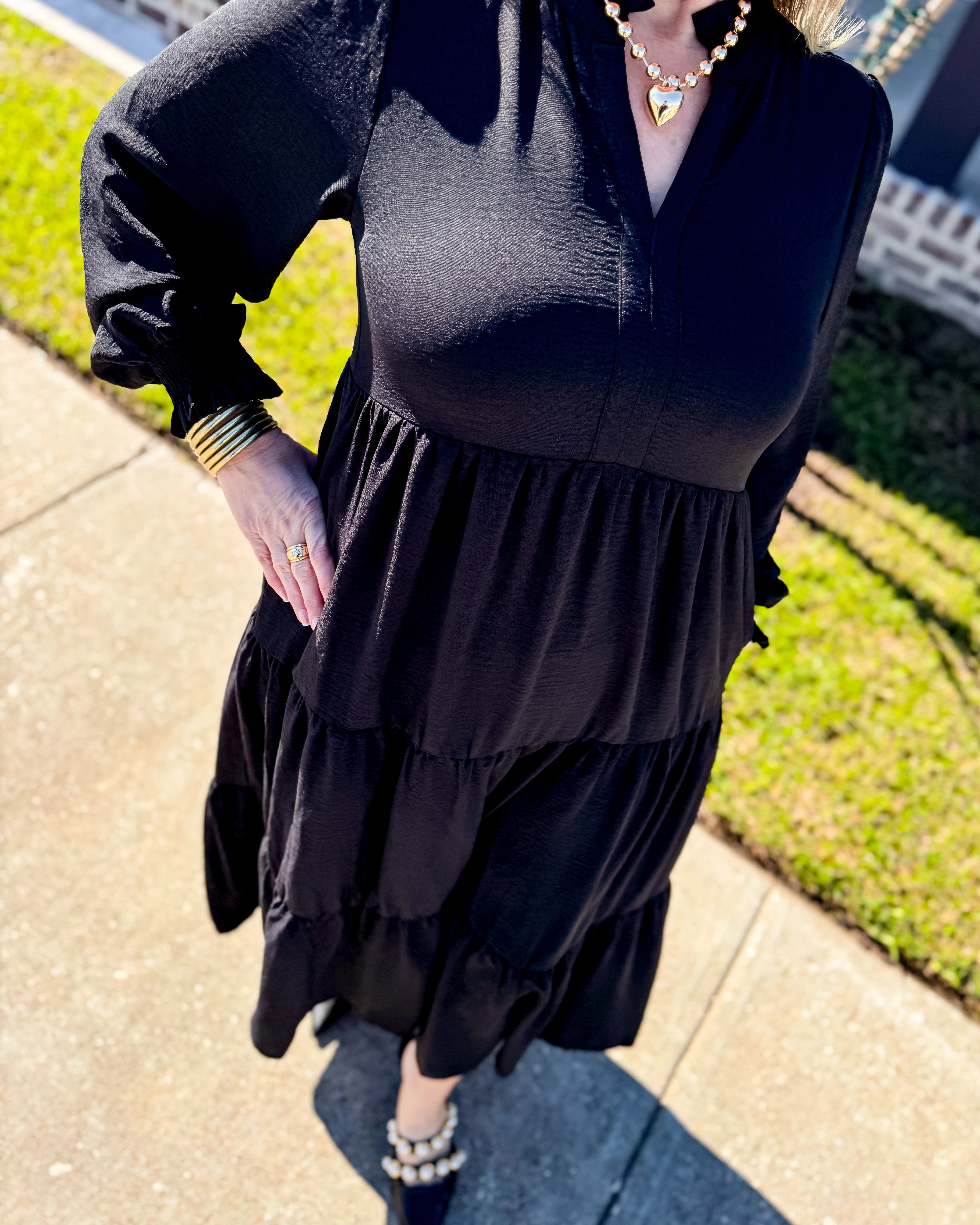 Solid Tiered Layer Midi Dress in Black All-Purpose Wear