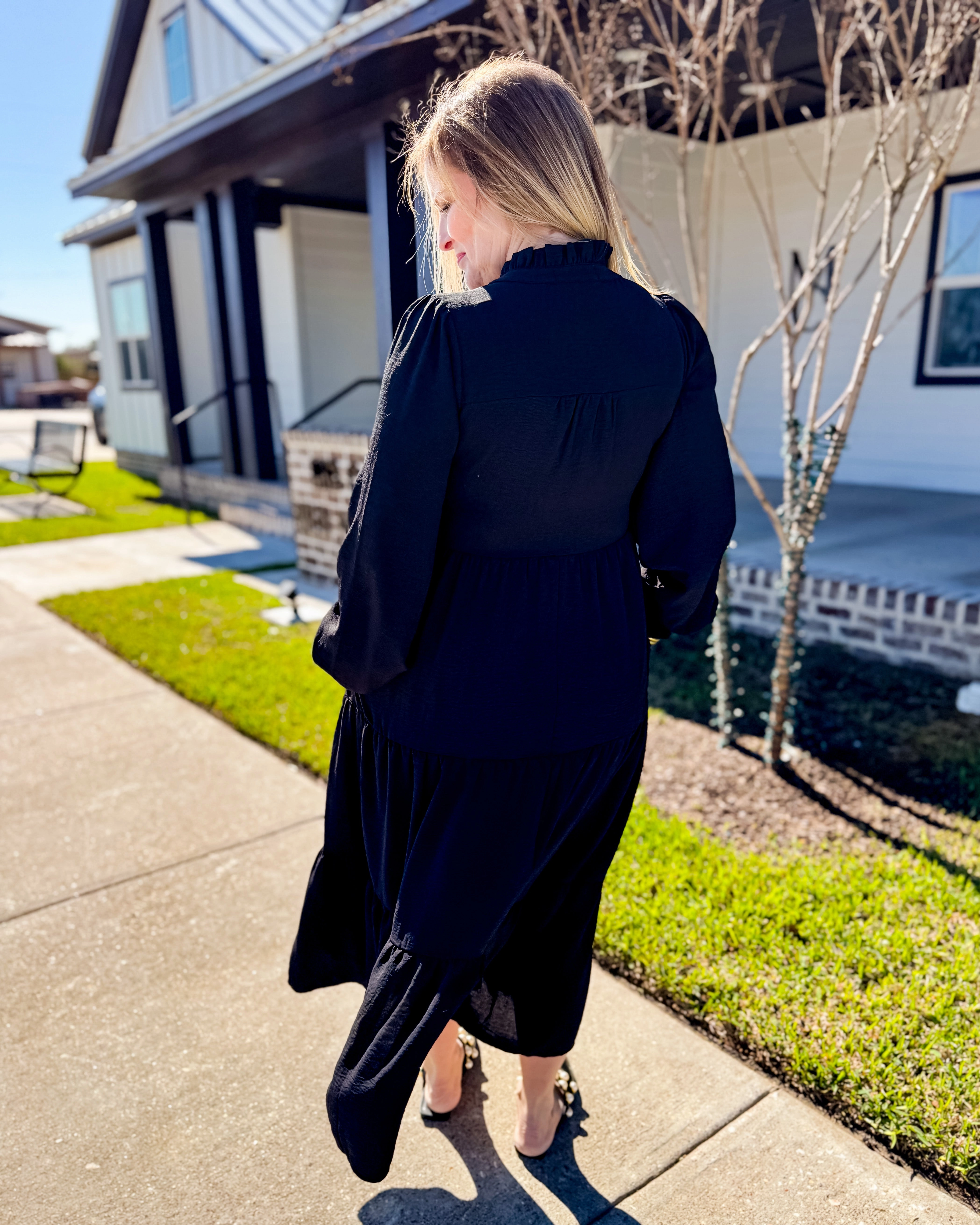 Solid Tiered Layer Midi Dress in Black Vibrant evening gown