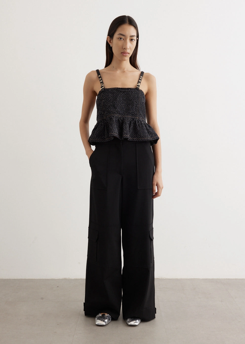 Solid Twill Suiting Cargo Pants Minimal Waistband Tailored Fit