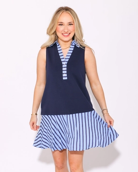Navy Striped Charm Mini Dress Relaxed work dress Layered-Sleeve