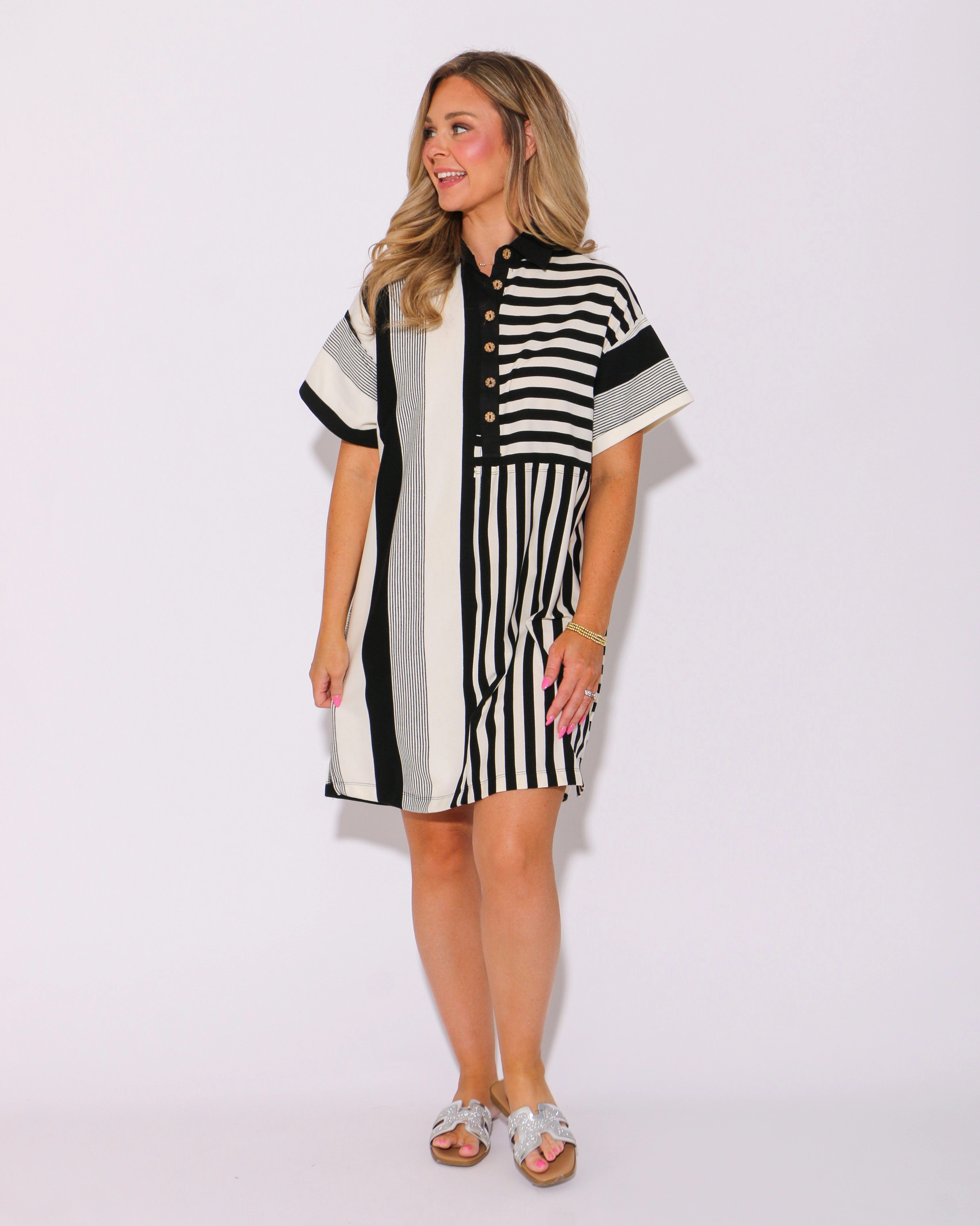 The Mixed Line Mini Dress in Black Travel-Essential