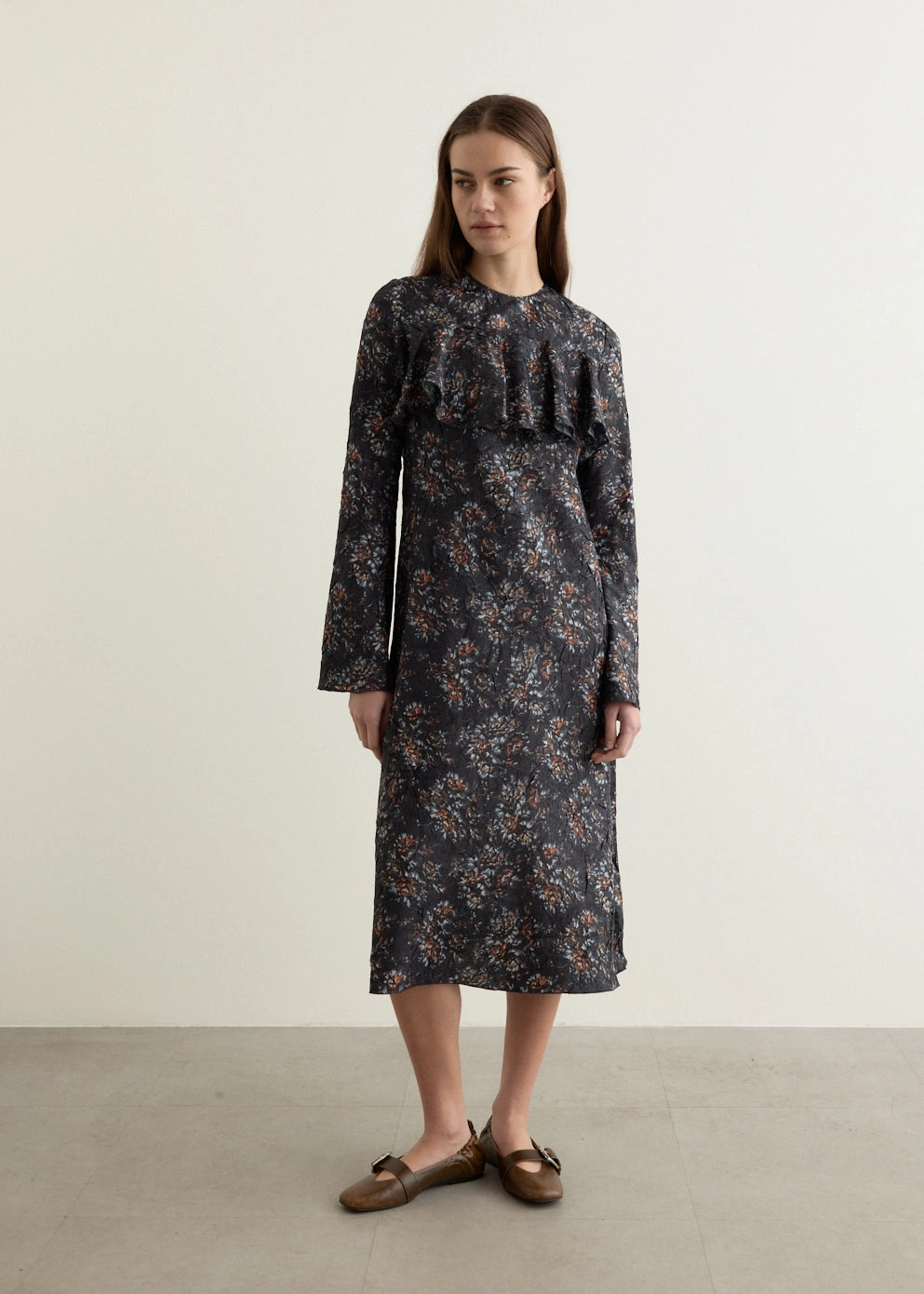 Fresh Appeal All Day Shibori Pleat Midi Longsleeve Ruffle Dress