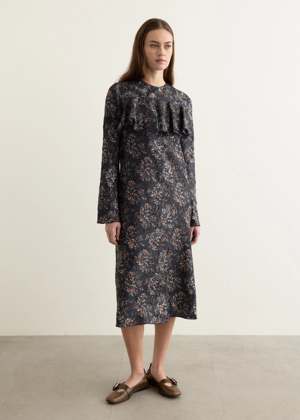 Peach Tone Shibori Pleat Midi Longsleeve Ruffle Dress