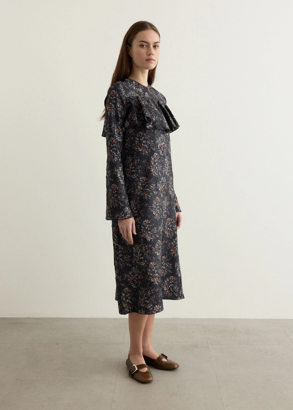 Evening Look Shibori Pleat Midi Longsleeve Ruffle Dress