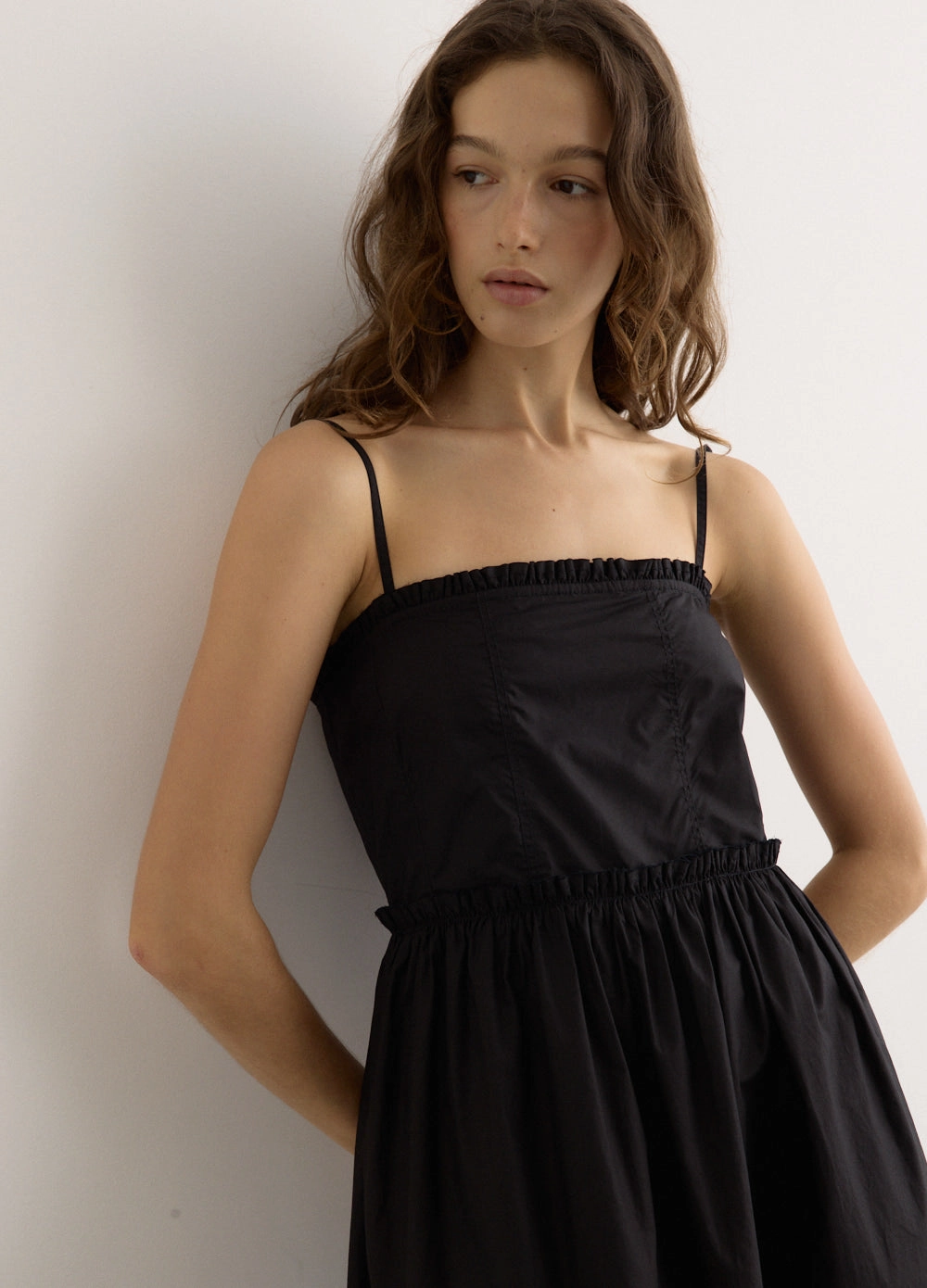 Cotton Poplin Strap Long Dress Fresh Color Pose Sweet