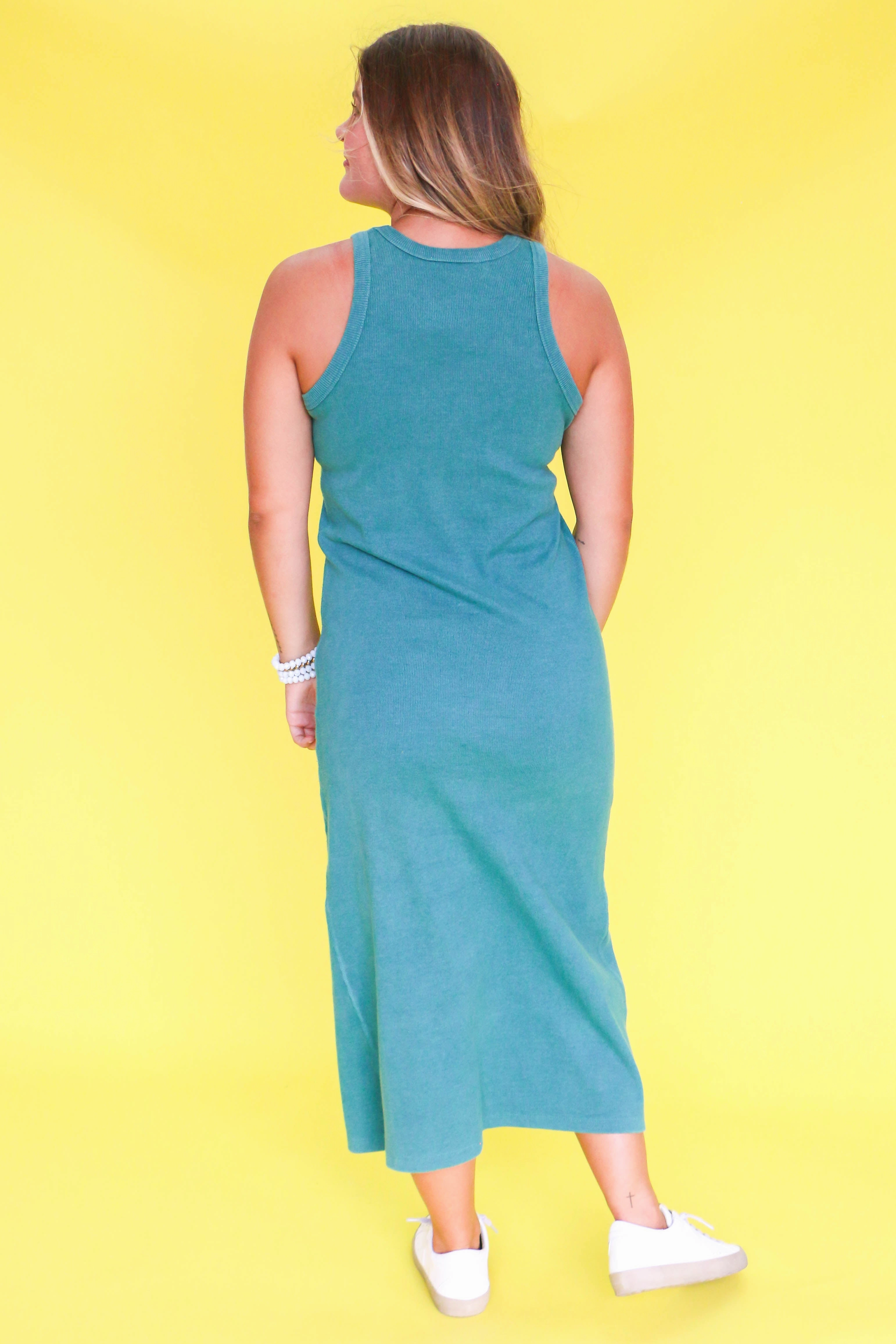 Gathered-Detail Smart Tones Sleeveless Ribbed Midi-Dress in Pine