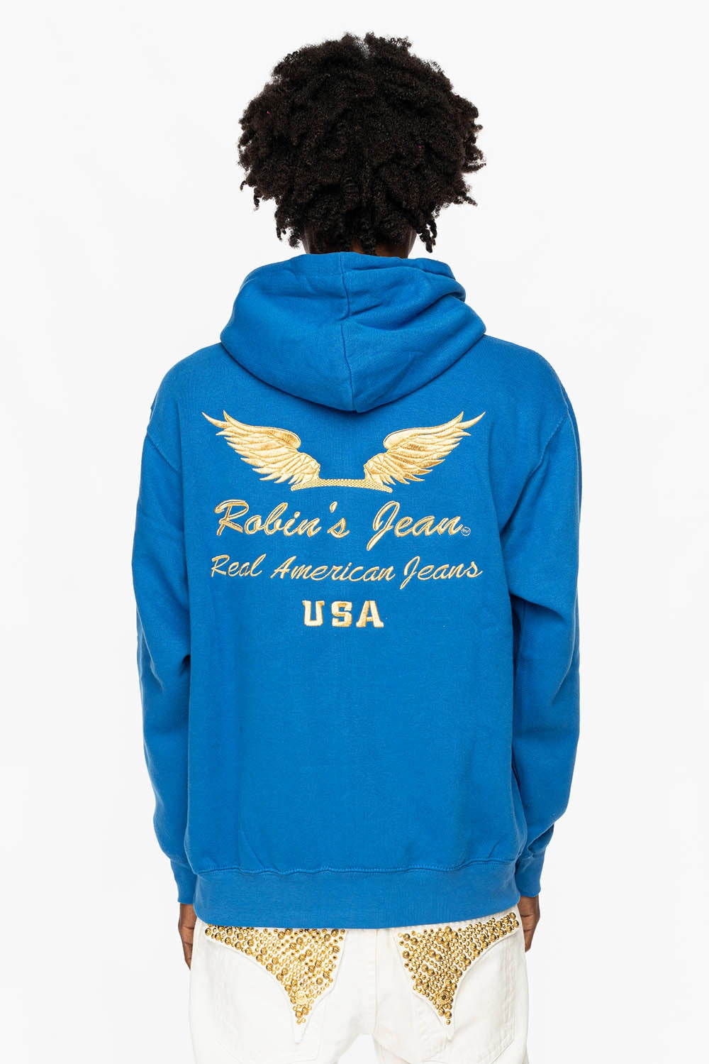 Biodegradable Fiber Options Comfy Layer PULLOVER HOODIE IN  ROYAL BLUE WITH GOLD WINGS EMBROIDERY