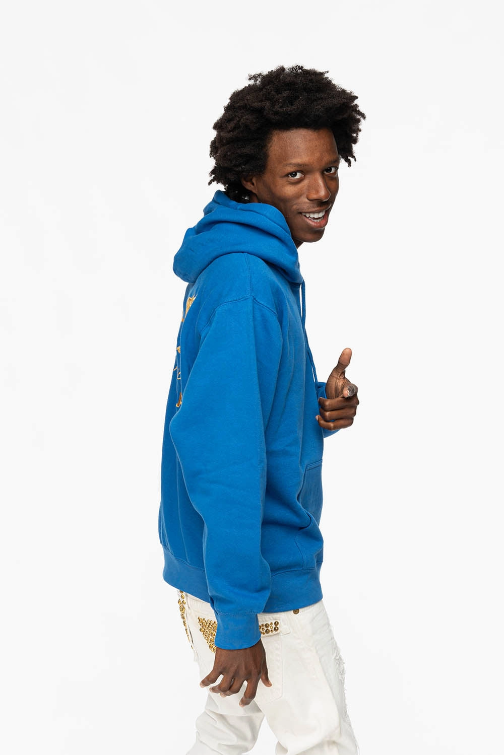 Warm design Sport Layers PULLOVER HOODIE IN  ROYAL BLUE WITH GOLD WINGS EMBROIDERY