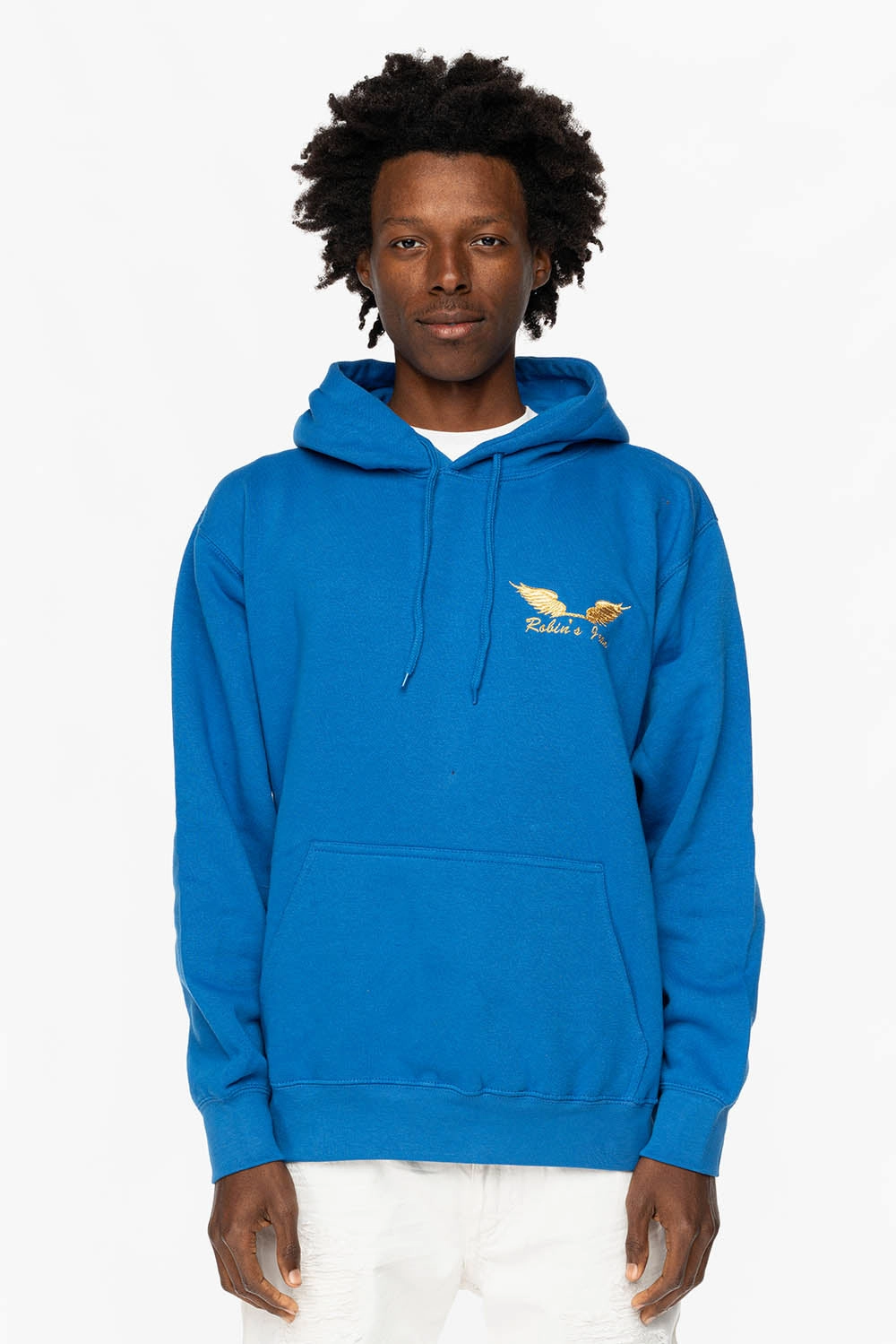 Perfect Design Soft Knitwear PULLOVER HOODIE IN  ROYAL BLUE WITH GOLD WINGS EMBROIDERY