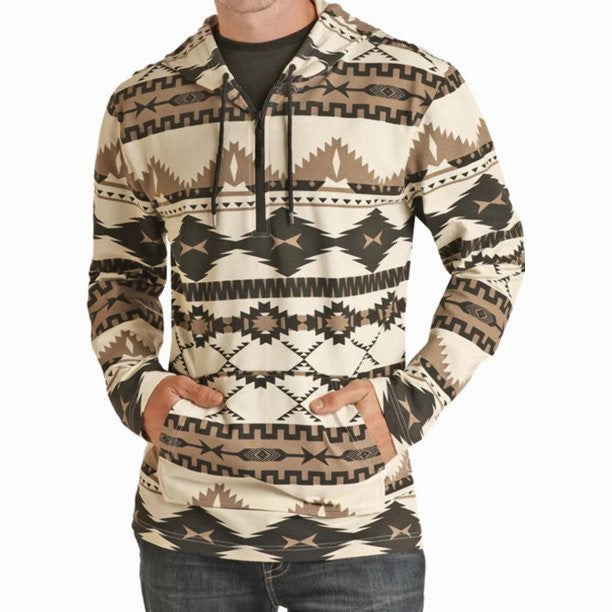 Powder River Men's Printed Aztec Quarter Zip Hoodie-Earthtones High-End Fashion Trendy Fashion