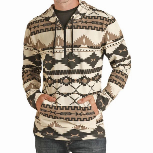 Street Comfort Soft touch finish Powder River Men's Printed Aztec Quarter Zip Hoodie-Earthtones