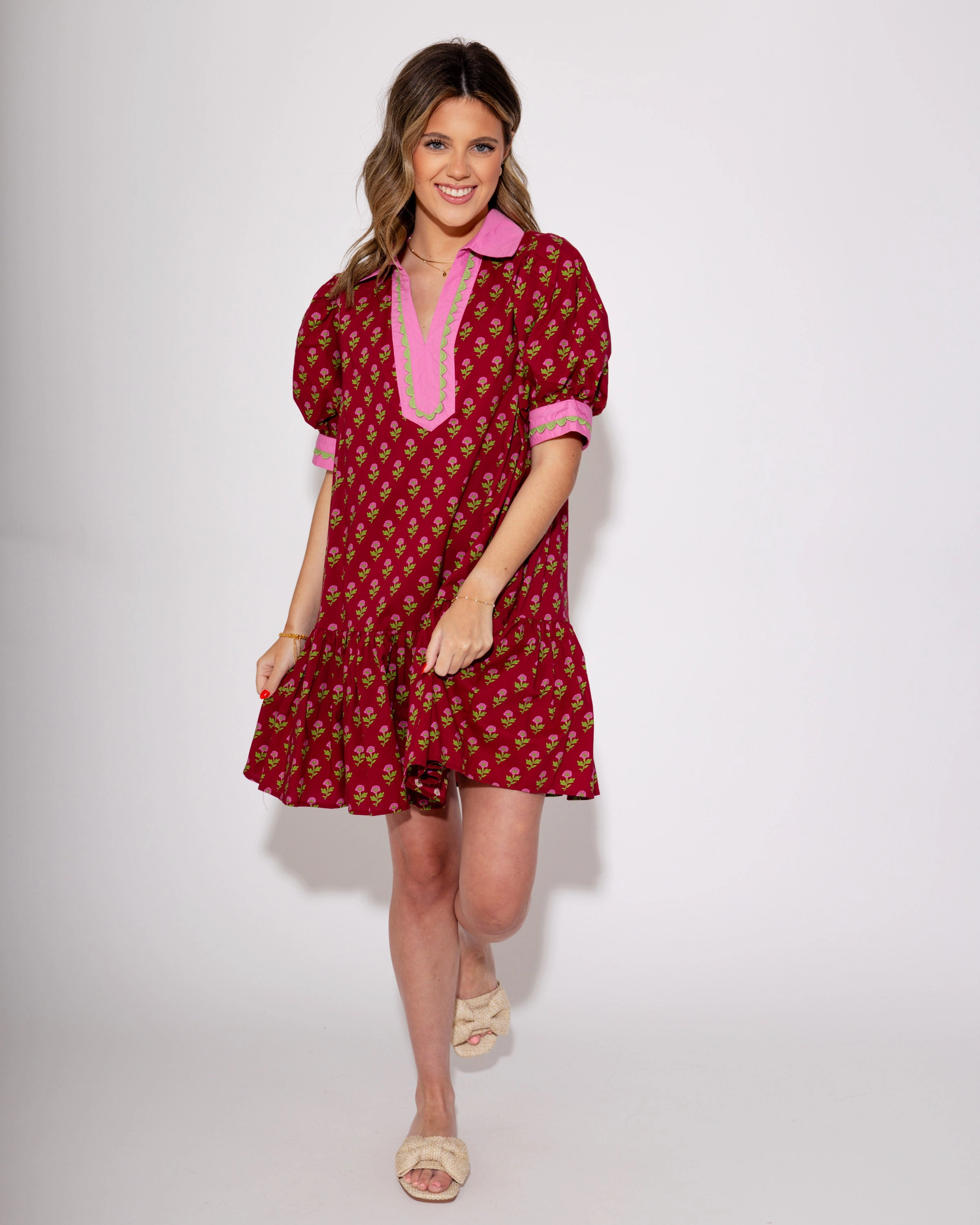 The Floral Flounce Mini Dress in Burgundy Happy Soul