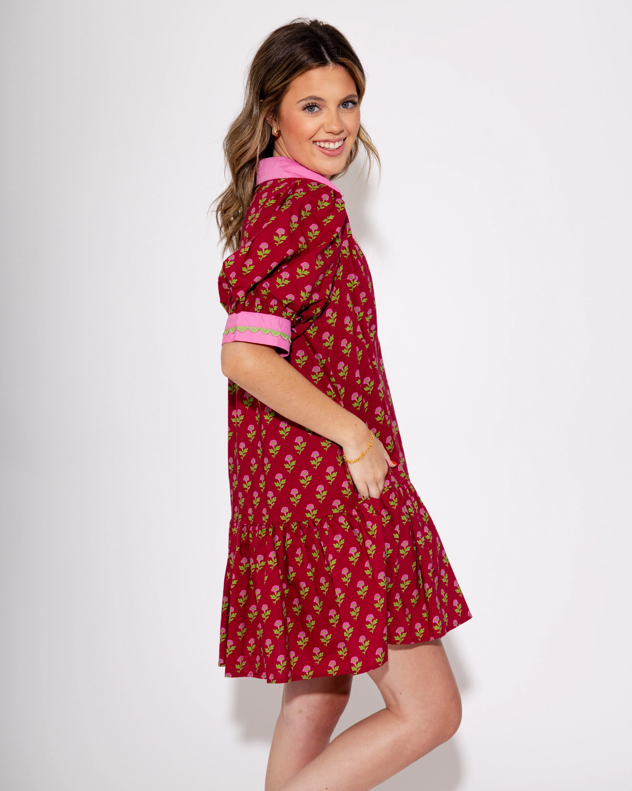 The Floral Flounce Mini Dress in Burgundy Skin Touch