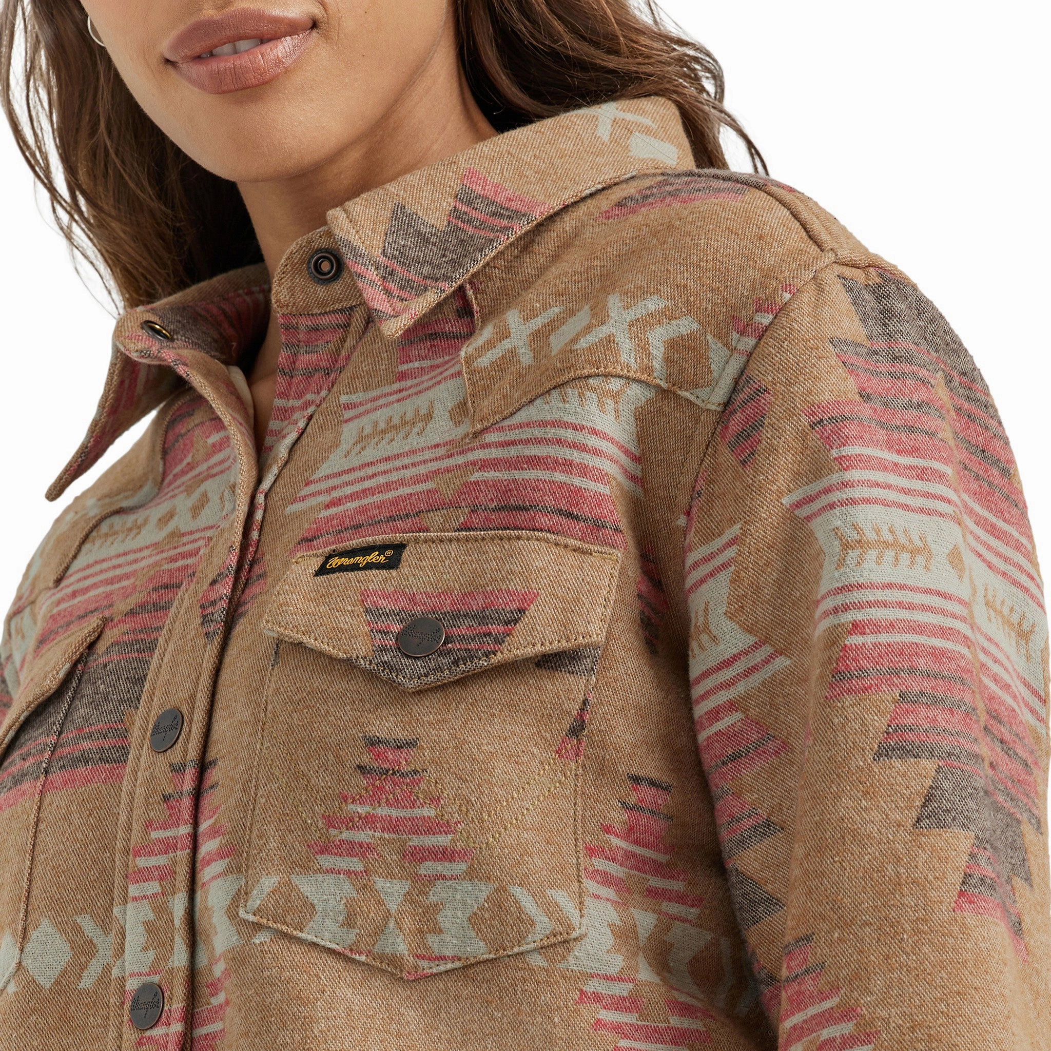 Wrangler Women's Brown Pink Aztec Shacket Warm Lining Insulated Warmth